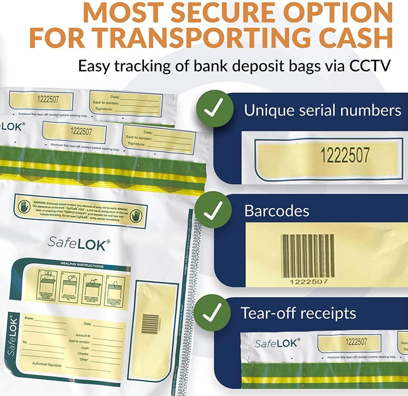 CONTROLTEK SafeLok 9" x 12", Clear, 100 Bags, Tamper-Evident Deposit Bags for Cash Handling & Valuables, Moisture, Heat and Cold Sensitive Ink, Tear-off receipt + Large Barcodes 585087 - Image 3