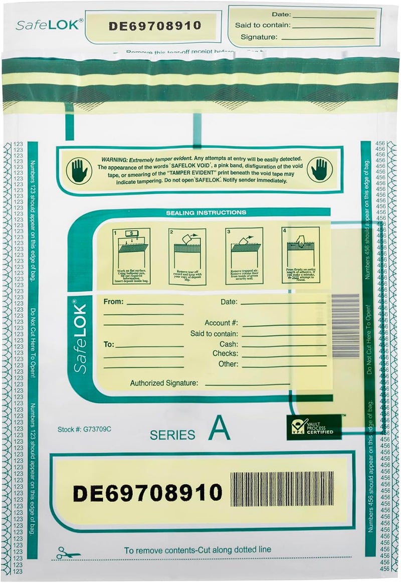 CONTROLTEK SafeLok 9" x 12", Clear, 100 Bags, Tamper-Evident Deposit Bags for Cash Handling & Valuables, Moisture, Heat and Cold Sensitive Ink, Tear-off receipt + Large Barcodes 585087 - Image 1