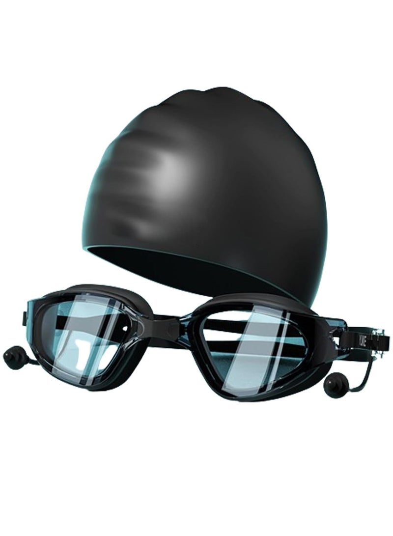 VUCATIN Swim Goggles Swim Cap Anti Fog Swimming Goggles with Clear Lens No Leak UV Protection with Earplugs (Black) - Image 1