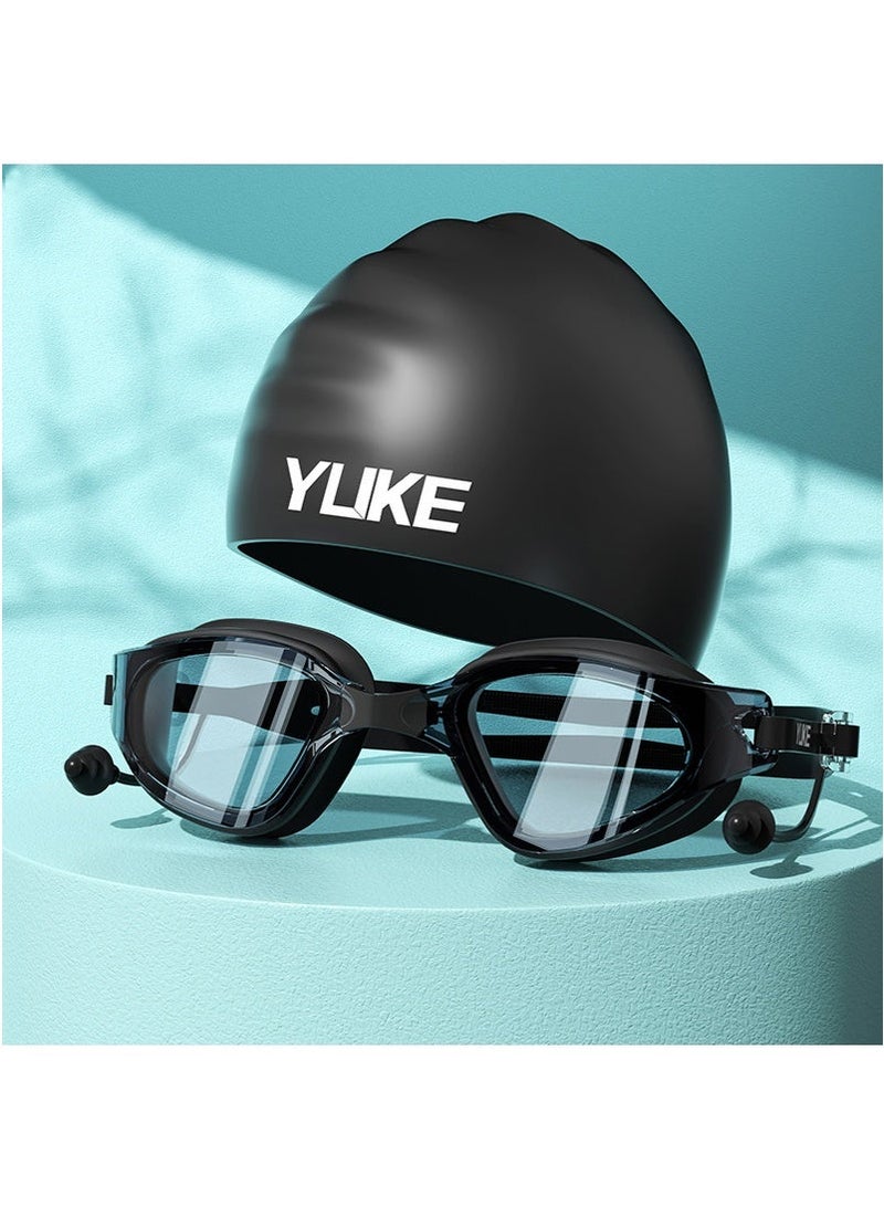 YUKE 3D Anti-Fog Swimming Goggles for Adults - Swimming Goggles Set with Swimming Cap and Ear Plugs, Waterproof Leak-proof Swimming Goggles with Adjustable Silicone Goggle Strap Suitable for Men, Women (Black) - Image 1