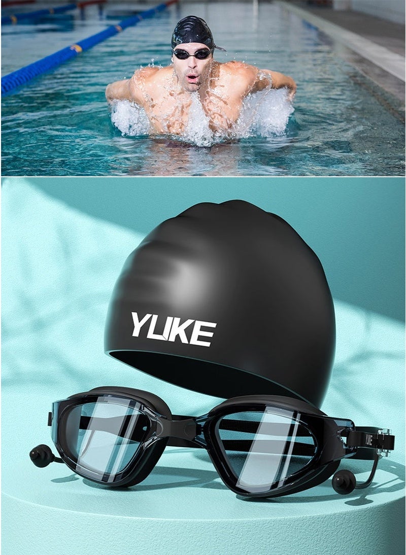 YUKE 3D Anti-Fog Swimming Goggles for Adults - Swimming Goggles Set with Swimming Cap and Ear Plugs, Waterproof Leak-proof Swimming Goggles with Adjustable Silicone Goggle Strap Suitable for Men, Women (Black) - Image 2
