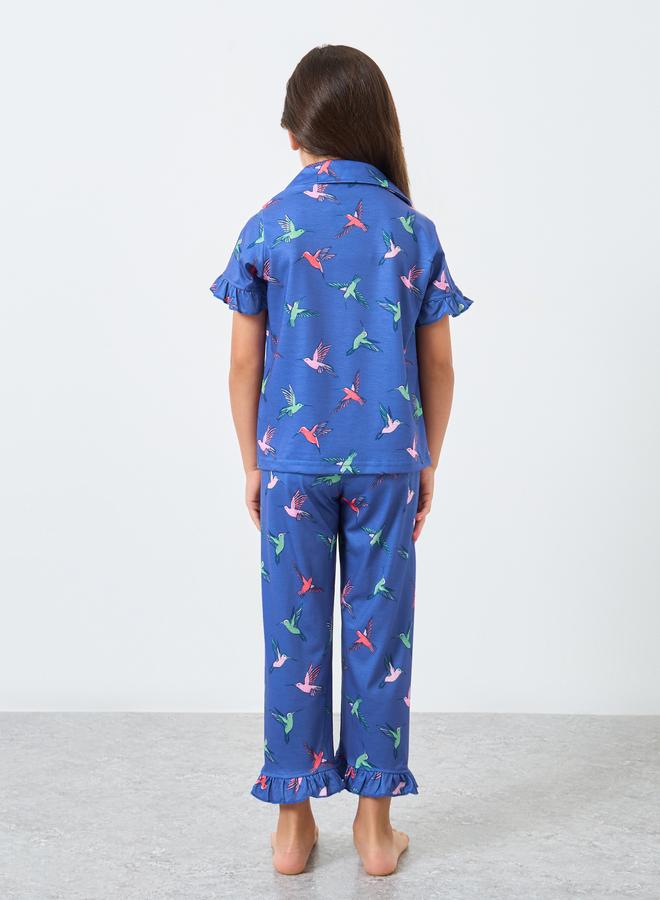 Styli Girls Blue Hummingbird Print Shirt and Pyjama Set - Image 4