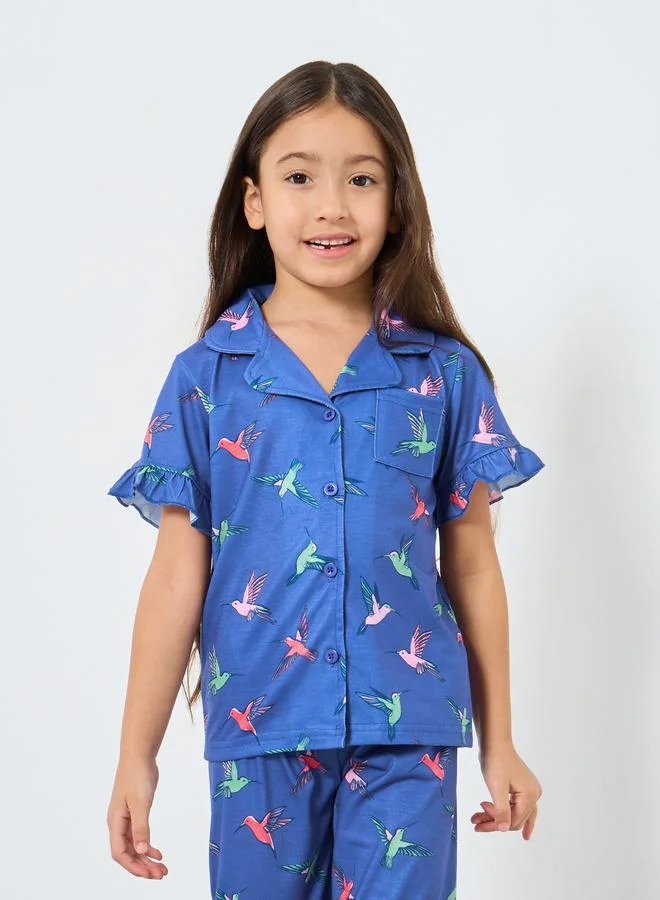 Styli Styli Girls Blue Hummingbird Print Shirt and Pyjama Set