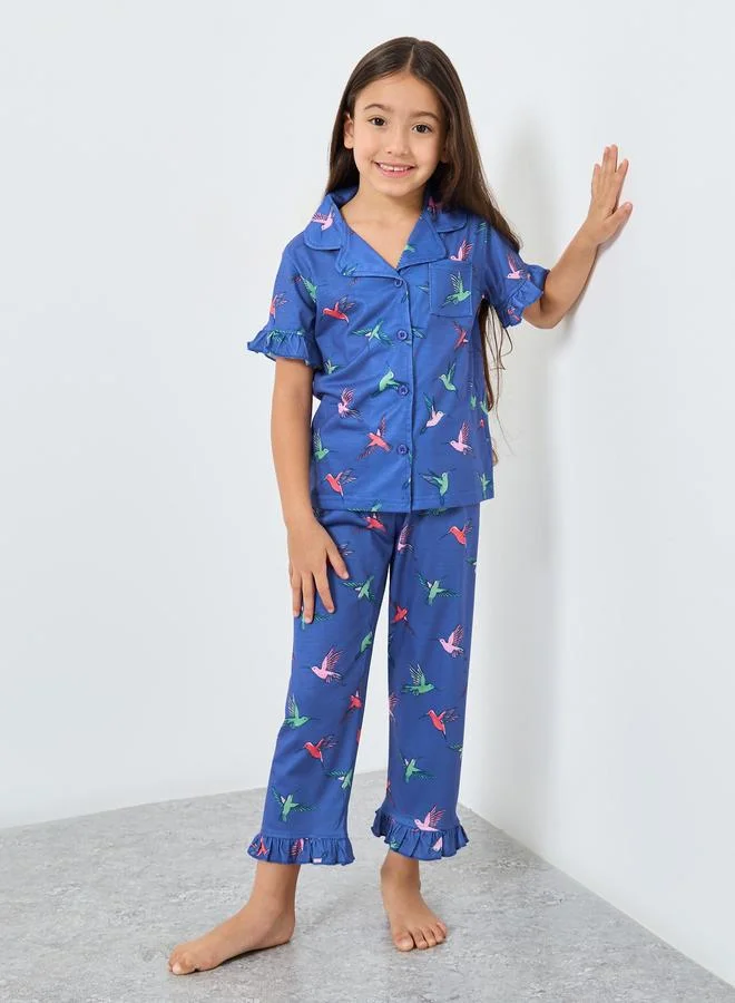 Styli Styli Girls Blue Hummingbird Print Shirt and Pyjama Set