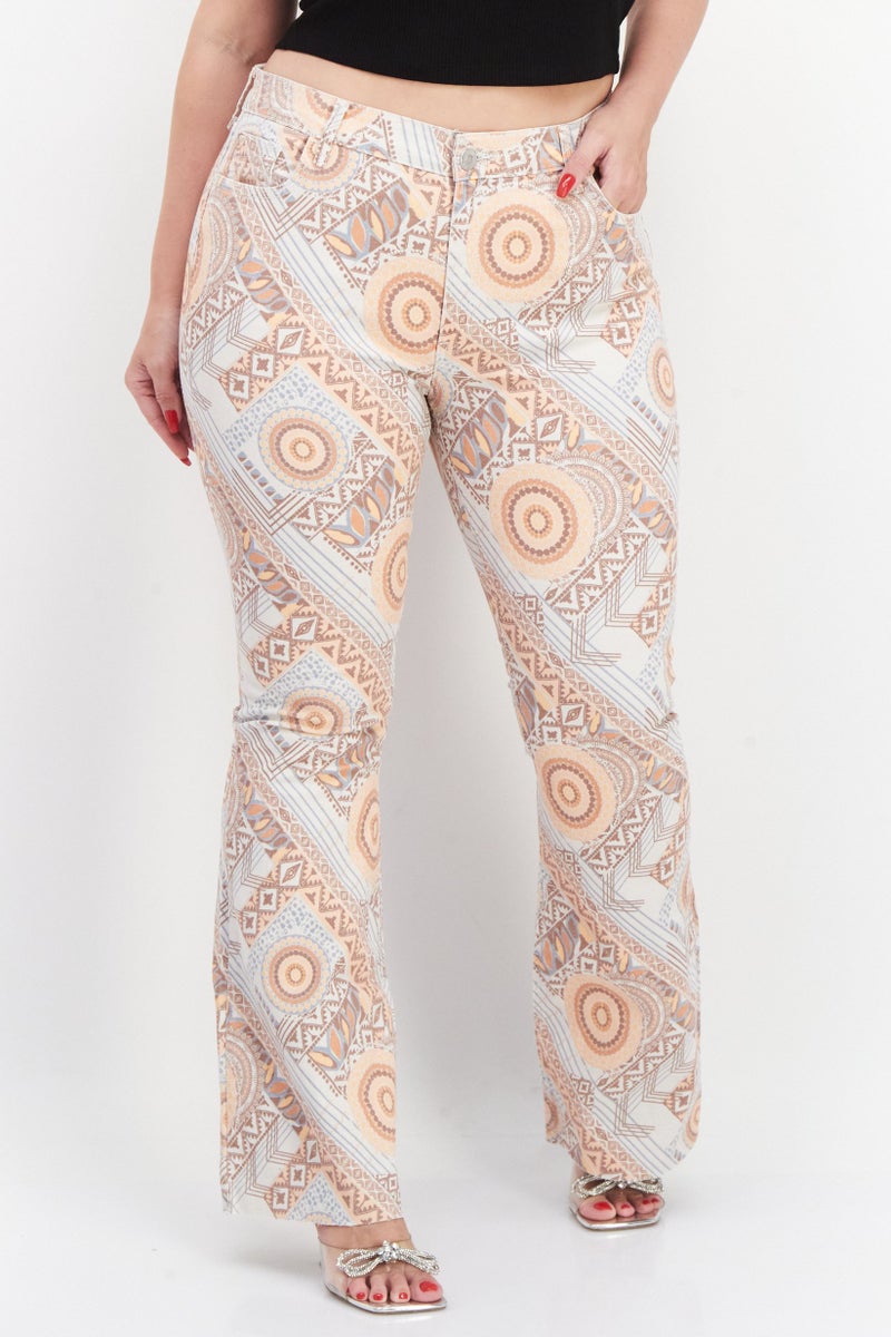 RIVER ISLAND Women Wide Leg Allover Print Pants, Beige - Image 1
