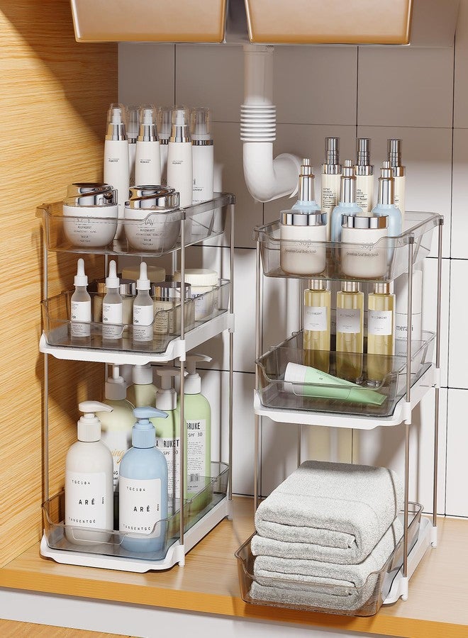 Delamu 2 Pack 3-Tier Bathroom Under Sink Organizers and Storage, Multi-Purpose Stackable Pantry Organization and Storage, Pull Out Clear Kitchen Bathroom Cabinet Organizer with Movable Dividers, Grey - Image 1