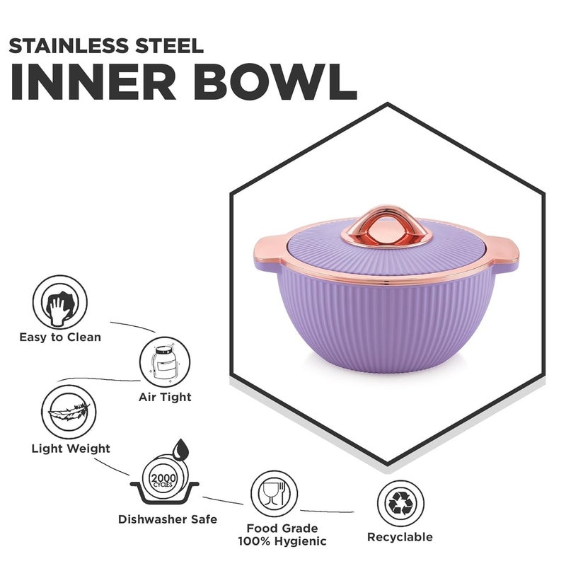 Liza Froyo Casserole 1 PC, Round PU Insulated Inner Stainless Steel Casserole with Lid & Metalizing Knob | BPA Free | Confident Grip Handle (FROYO 1450.) (Purple) - Image 3