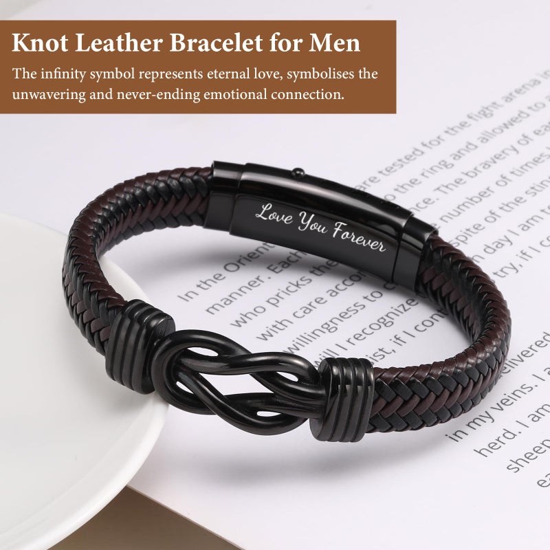 MEALGUET to My Man Bracelets Gifts- Brown Braided Leather Infinity Knot Bracelets Engraved Letter Love You Forever for Husband from Wife Birthday Christmas - Image 3