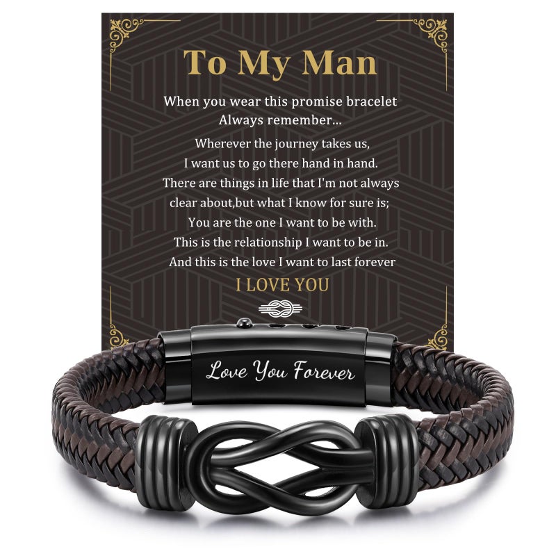 MEALGUET to My Man Bracelets Gifts- Brown Braided Leather Infinity Knot Bracelets Engraved Letter Love You Forever for Husband from Wife Birthday Christmas - Image 1