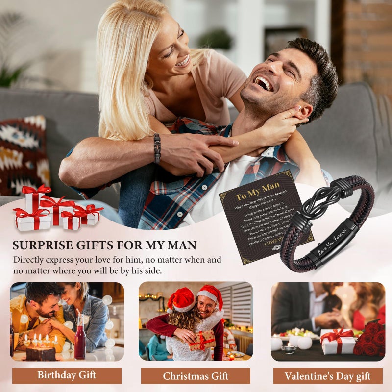 MEALGUET to My Man Bracelets Gifts- Brown Braided Leather Infinity Knot Bracelets Engraved Letter Love You Forever for Husband from Wife Birthday Christmas - Image 2