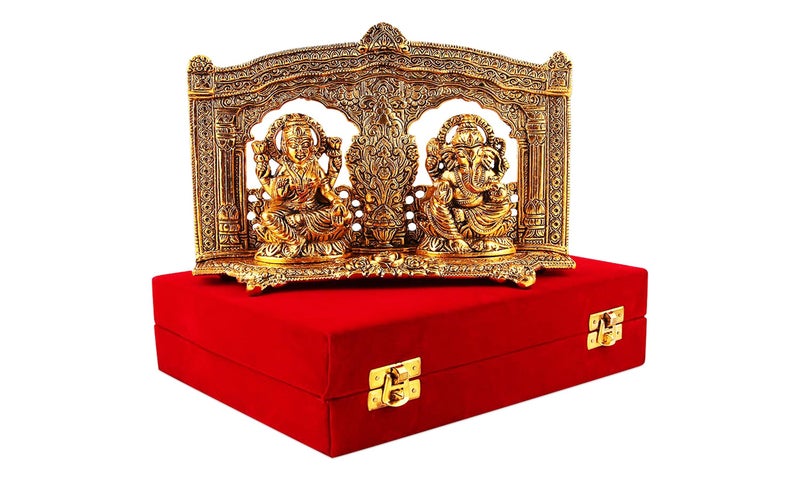 Lavanaya Silver Presents - Gold Plated Laxmi Ganesh Idol (22 cm X 5 cm X 15 cm) - Perfect Diwali, Wedding, Anniversary, and Housewarming Gift with Velvet Box Included - Image 1