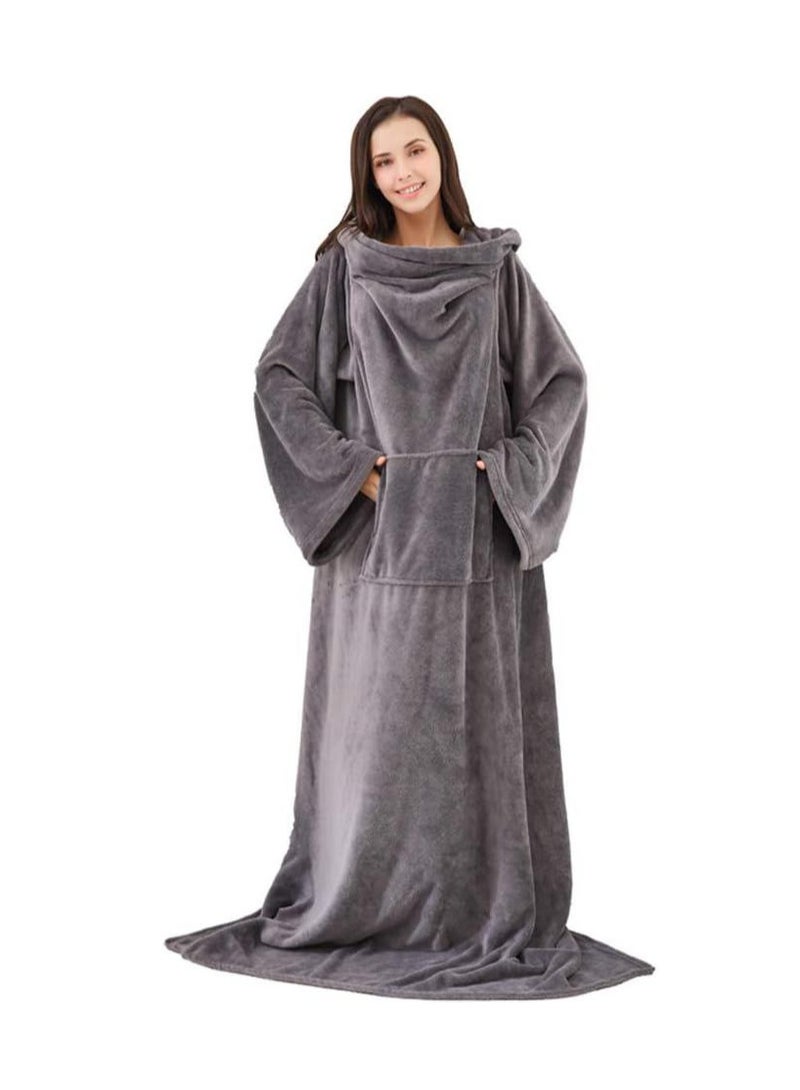 Super Soft Warm Comfy Large Fleece Plush Wrap Robe Wearable Blanket With Sleeves For Adult