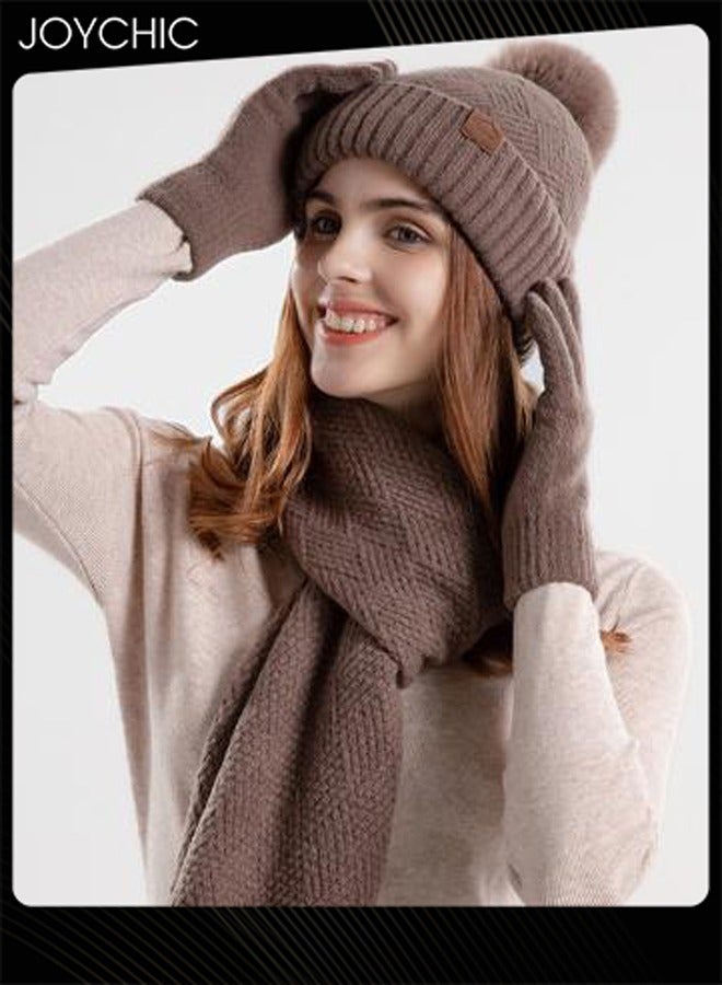 Joychic طقم قبعة وشال شتوي كوري للنساء في الهواء الطلق مقاوم للرياح دافئ + قبعة + شال + قفاز - Image 4