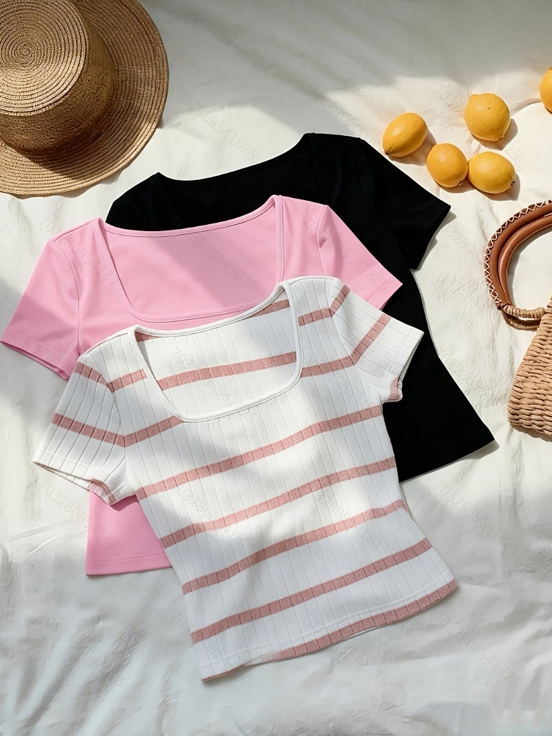 Spring\u002FSummer Women's Simple Fashion Versatile Short T - Shirt Three - Piece Set - Pink and white stripes + Pink + Black / S - Image 2