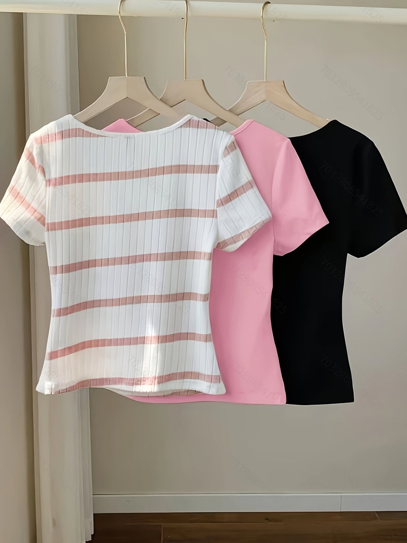 Spring\u002FSummer Women's Simple Fashion Versatile Short T - Shirt Three - Piece Set - Pink and white stripes + Pink + Black / S - Image 5