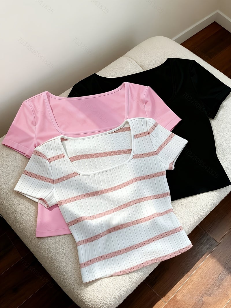 Spring\u002FSummer Women's Simple Fashion Versatile Short T - Shirt Three - Piece Set - Pink and white stripes + Pink + Black / S - Image 4