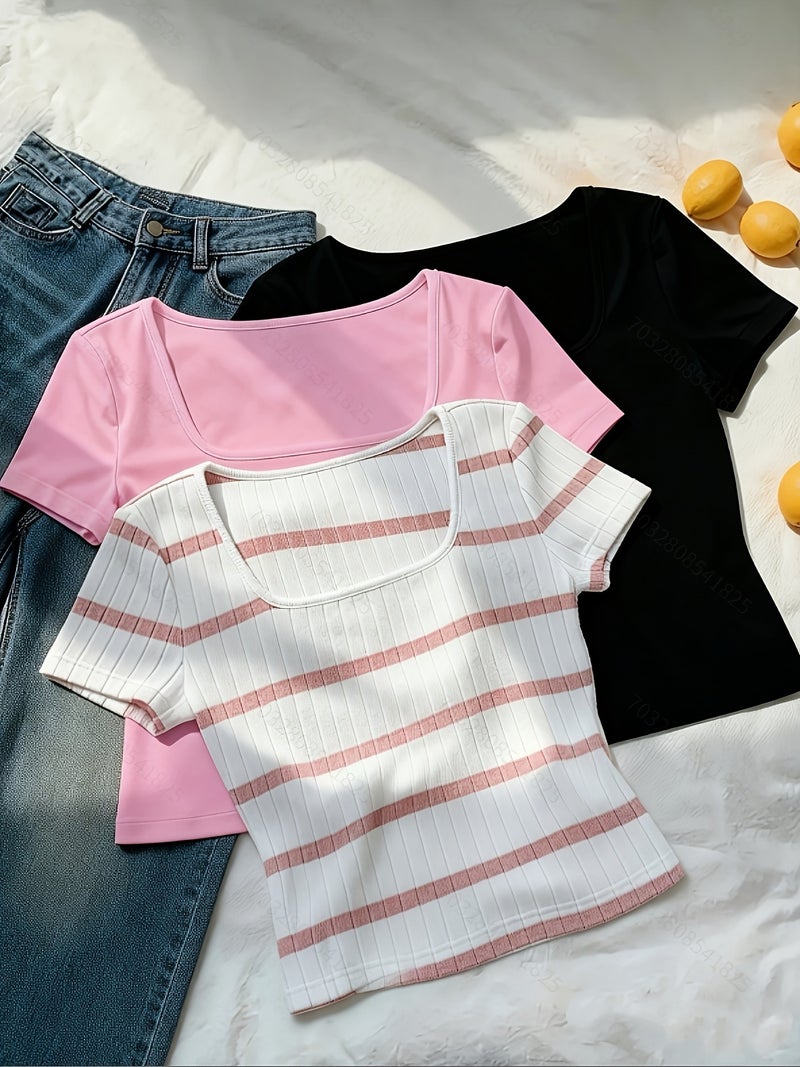 Spring\u002FSummer Women's Simple Fashion Versatile Short T - Shirt Three - Piece Set - Pink and white stripes + Pink + Black / S - Image 3