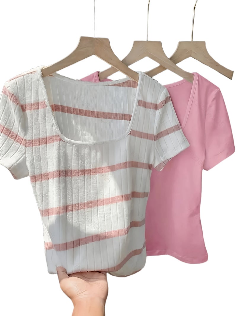 Spring\u002FSummer Women's Simple Fashion Versatile Short T - Shirt Three - Piece Set - Pink and white stripes + Pink + Black / S - Image 1