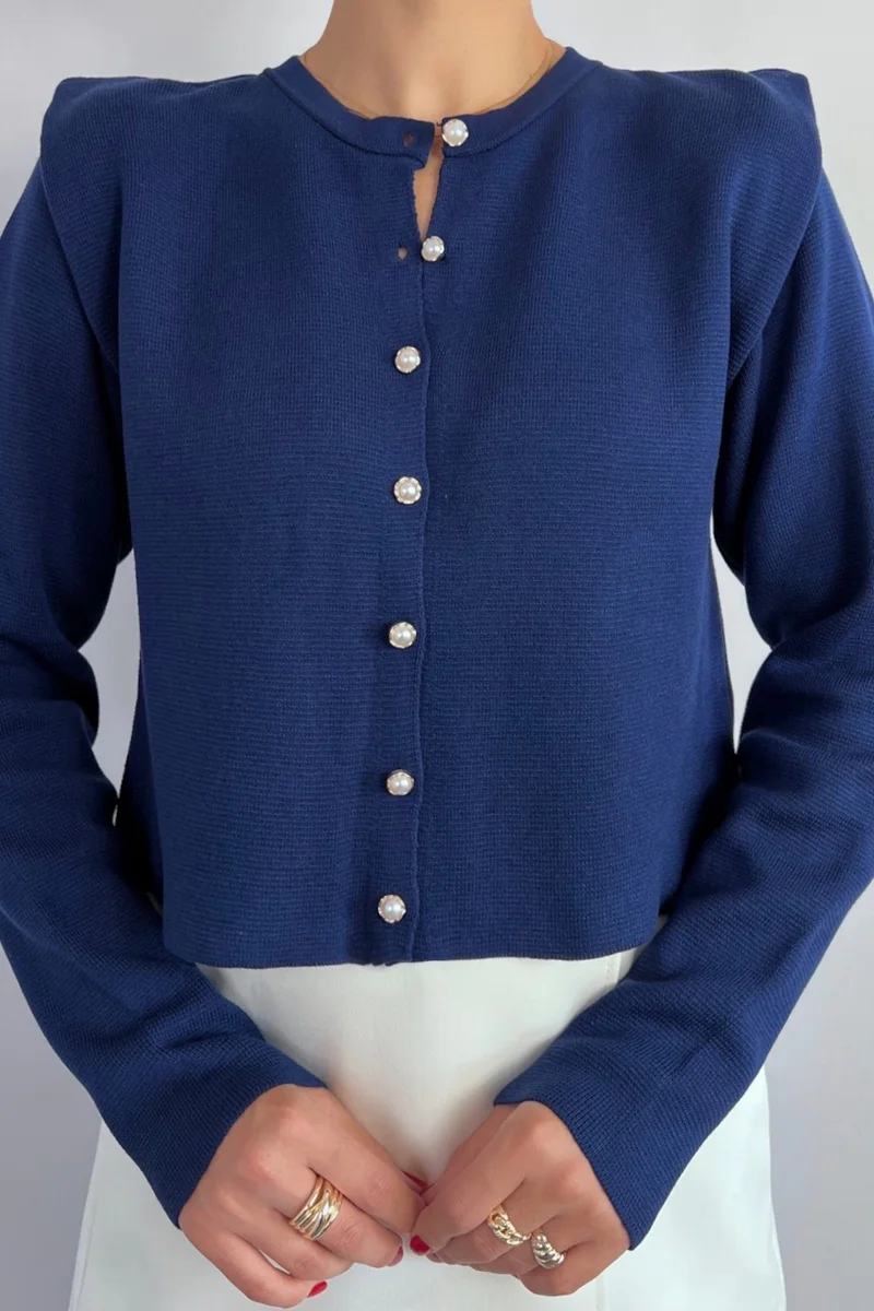 Ritnice Women's Diana Navy Blue Pearl Buttoned Shoulder Detailed Knitwear Cardigan