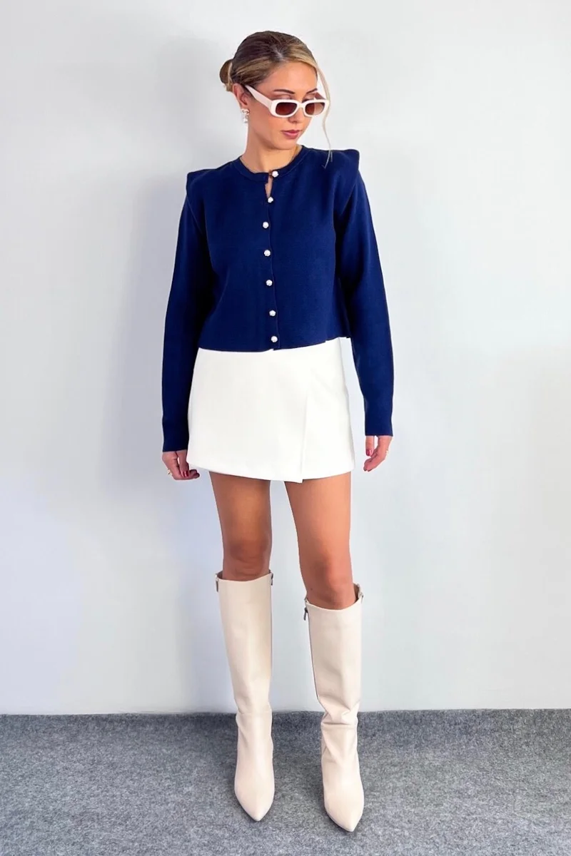 Ritnice Women's Diana Navy Blue Pearl Buttoned Shoulder Detailed Knitwear Cardigan