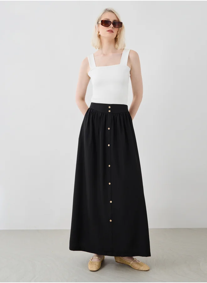 Take Two Take Two Solid Buttoned A-Line Maxi Skirt