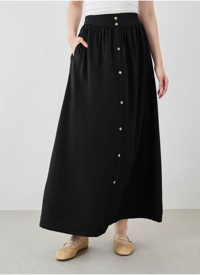 Take Two Take Two Solid Buttoned A-Line Maxi Skirt