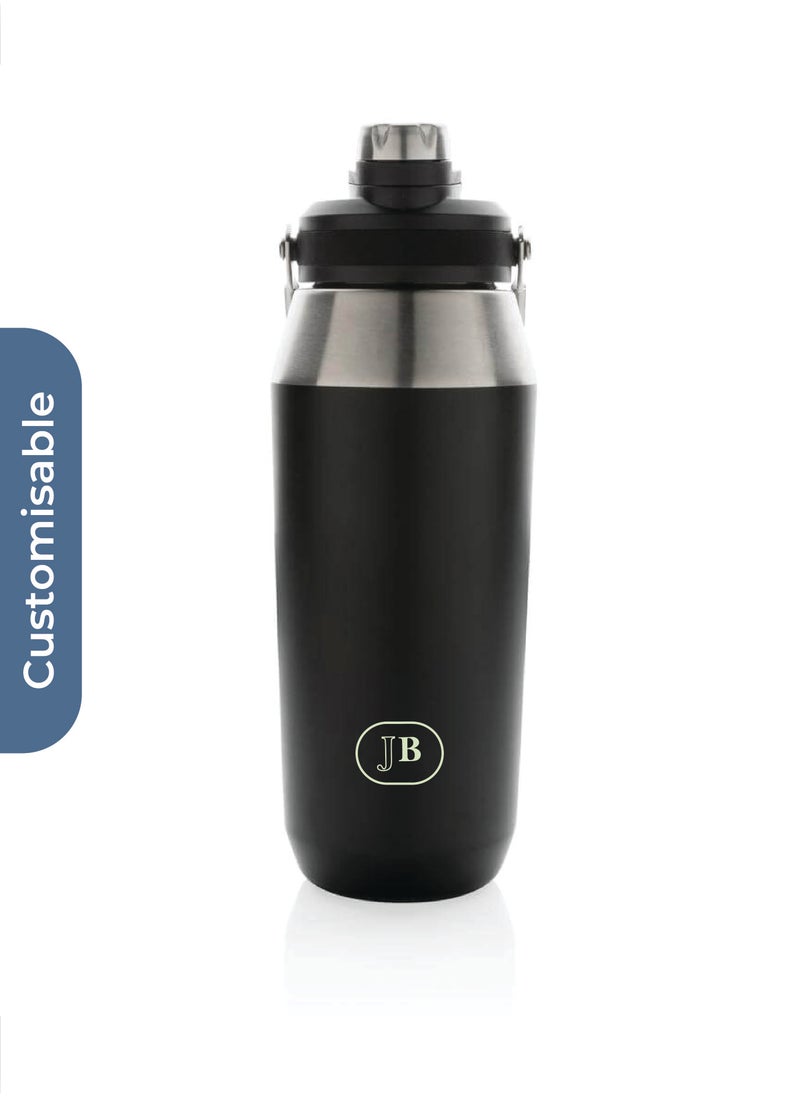 Hans Larsen Personalised USLAR - Hans Larsen Vacuum Bottle with Solid Handle and Dual Lid - 1L - Black  - Image 1