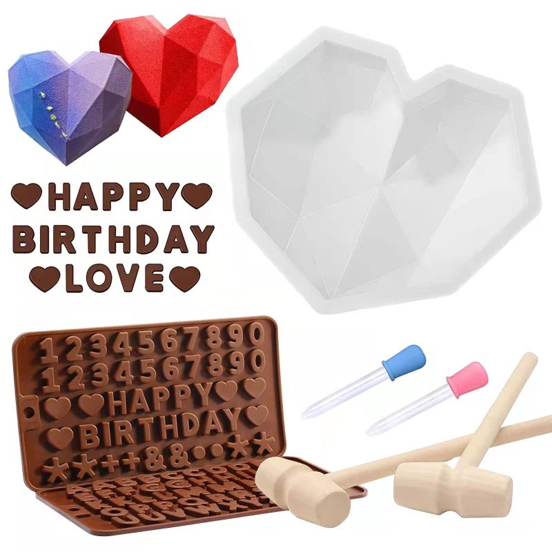 Breakable Heart Mold Set for Chocolate Heart Silicone Molds with Hammers and Dropper Letter Mold and Number Chocolate Molds for Valentine Candy Making