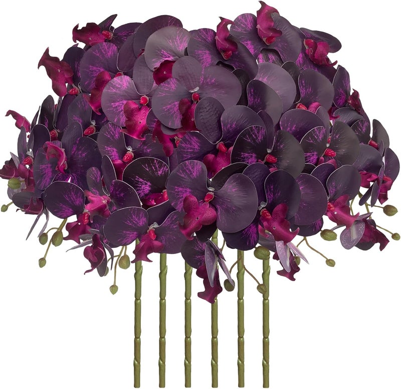 FagusHome 32 Inch Artificial Phalaenopsis Flowers 6 Pcs Artificial Orchid Flowers Stem Plants for Home Décor (Dark Purple) - Image 1