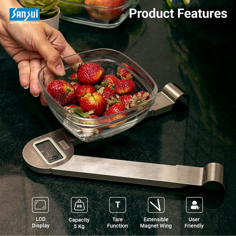 Sansui Digital Kitchen Scale with Extensible Magnetic Wings Food Weight Machine for Health Fitness Home Baking Cooking 5 kg Stainless Steel - Image 2