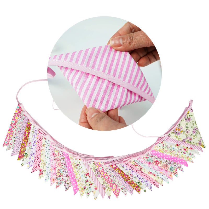 G2PLUS Large Fabric Bunting Banner, 32.8 Feet Triangle Flag Garland 36PCS Floral Pennants, Double Sided Vintage Cloth Shabby Chic Decoration Wedding Birthday Parties - Image 2