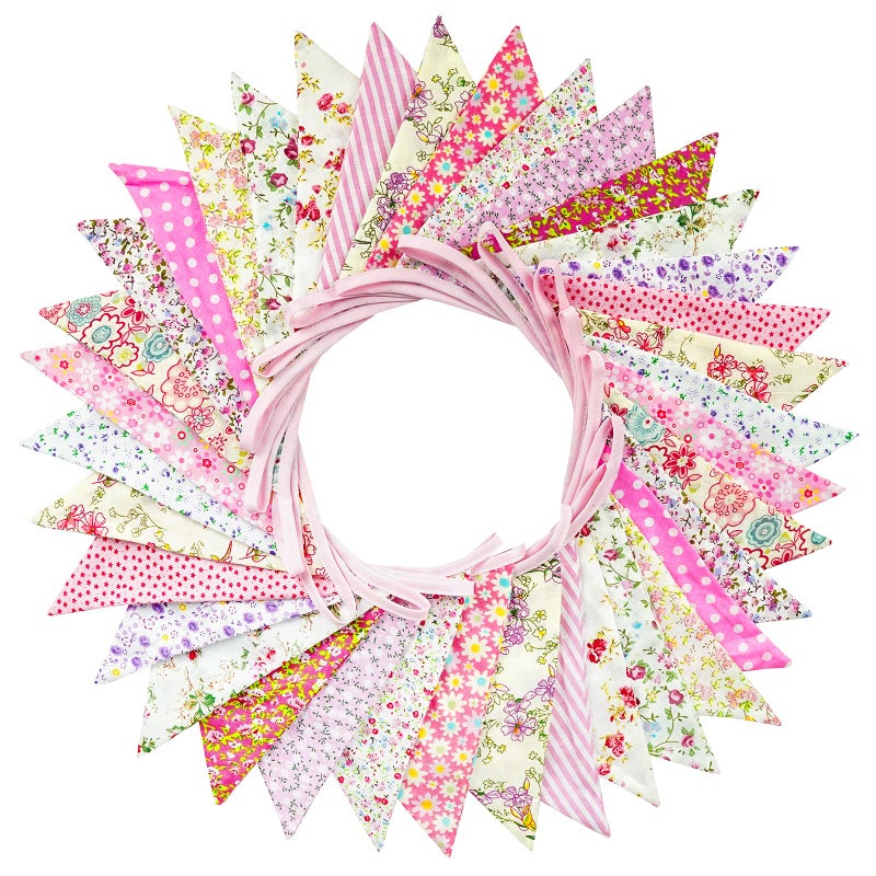 G2PLUS Large Fabric Bunting Banner, 32.8 Feet Triangle Flag Garland 36PCS Floral Pennants, Double Sided Vintage Cloth Shabby Chic Decoration Wedding Birthday Parties - Image 1