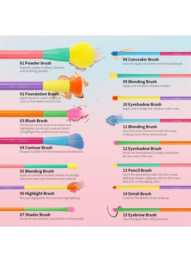 docolor - Makeup Brushes 15Pcs Colourful Makeup Brush Set Premium Gift Synthetic Face Powder Kabuki Foundation Contour Blush Concealers Eye Shadow Blending Professional Make Up Brush Kit - Dream of Colo - Image 1