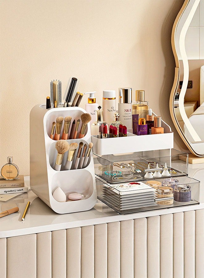 دوسالا منظم مكياج، صندوق تنظيم مستحضرات التجميل والعناية بالبشرة، منظمات ومخازن مكياج لبار الق vanity مع غطاء وأدراج، صناديق عرض مستحضرات التجميل لخزانة الملابس، سطح العمل، هدايا مثالية للنساء (أبيض) - Image 1