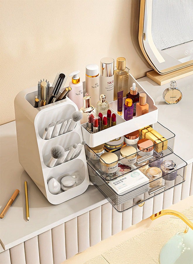 دوسالا منظم مكياج، صندوق تنظيم مستحضرات التجميل والعناية بالبشرة، منظمات ومخازن مكياج لبار الق vanity مع غطاء وأدراج، صناديق عرض مستحضرات التجميل لخزانة الملابس، سطح العمل، هدايا مثالية للنساء (أبيض) - Image 3