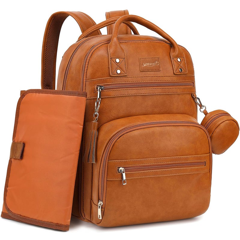 ROSEGIN ROSEGIN Premium Vegan Leather Diaper Bag Backpack with Waterproof Changing Pad Reinforced Zippers OdorFree 20 Pockets Pro Organizer Fits 156 Laptop Stroller Straps Baby Bag for Mom Brown