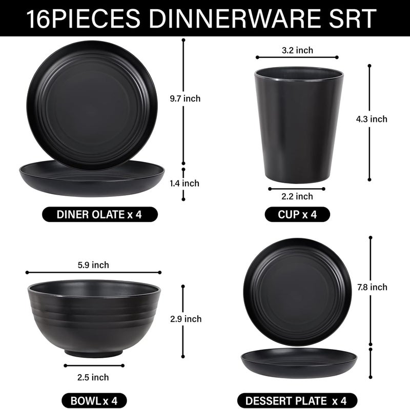 LIYH Love in your heart LIYH 16 Pcs Black Wheat Straw Dinnerware Set  Unbreakable Plates and Bowls Set Dish Set for 4 Black Plastic Dinnerware Set Include Wheat Straw Dinner Plates Bowls Cups Kitchen  Camping - Image 2