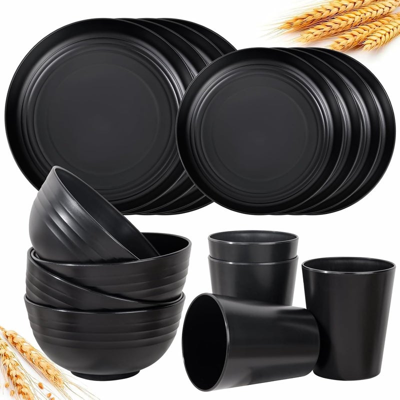 LIYH Love in your heart LIYH 16 Pcs Black Wheat Straw Dinnerware Set  Unbreakable Plates and Bowls Set Dish Set for 4 Black Plastic Dinnerware Set Include Wheat Straw Dinner Plates Bowls Cups Kitchen  Camping - Image 1