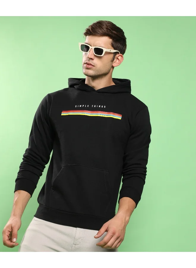 Campus Sutra Men's Black Simple Things Hoodie With Kangaroo Pocket