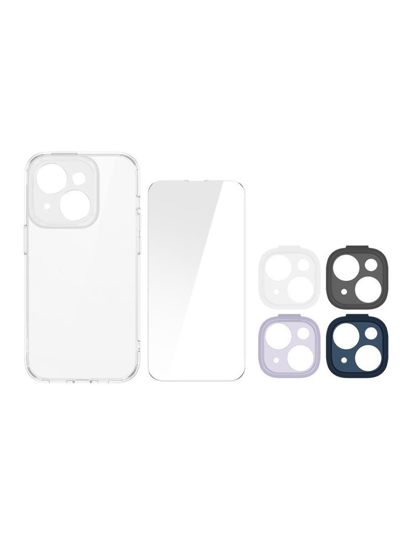 Baseus Illusion Series Protective Case For Ip 14 Plus (With Clear/Black/Blue/Purple Camera Lens Frames And Full Coverage Tempered Glass Screen Protector And Cleaning Kit), Clear - Image 1
