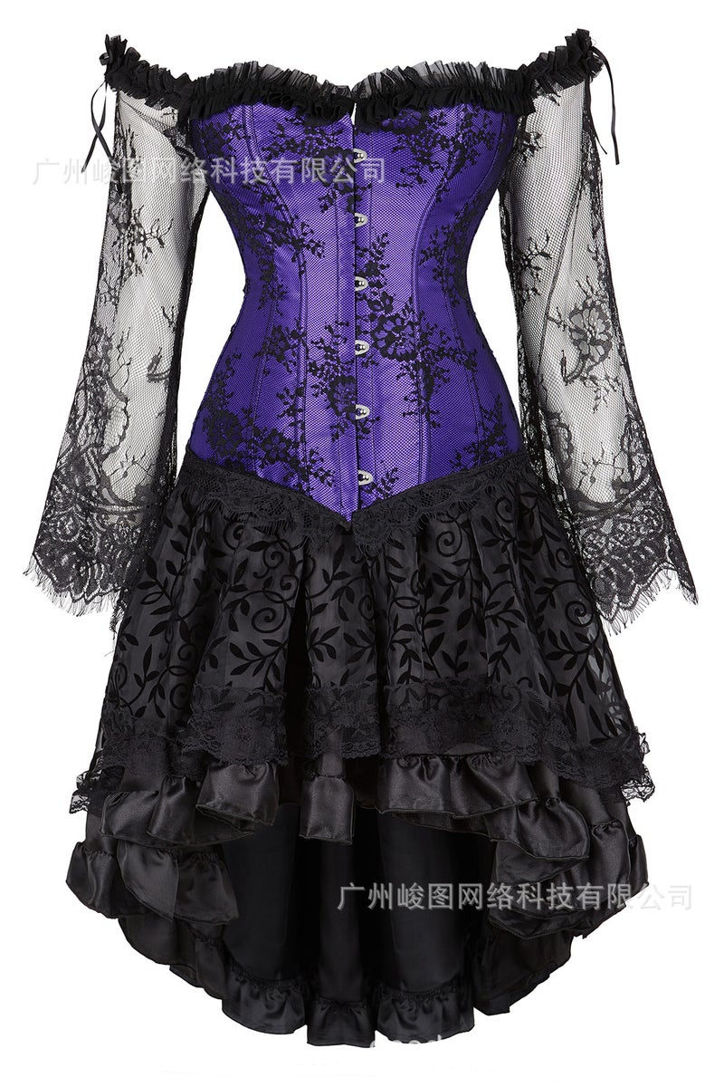 Classic Lotus Leaf Lace Jacquard Adjustable Court Body Shaping Split Set Flocking Luxury Long Dress - Image 1