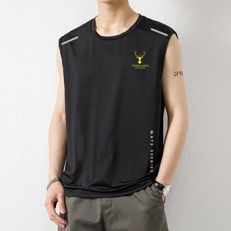 Ice Silk Vest Mens Trendy Thin Round Neck Mesh Breathable Quick-drying Sports Wide Waistcoat Mens Sleeveless Summer Antler [gray]]  - Image 2