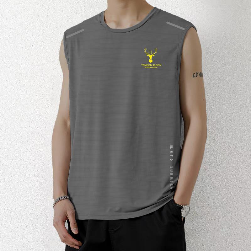 Ice Silk Vest Mens Trendy Thin Round Neck Mesh Breathable Quick-drying Sports Wide Waistcoat Mens Sleeveless Summer Antler [gray]]  - Image 1