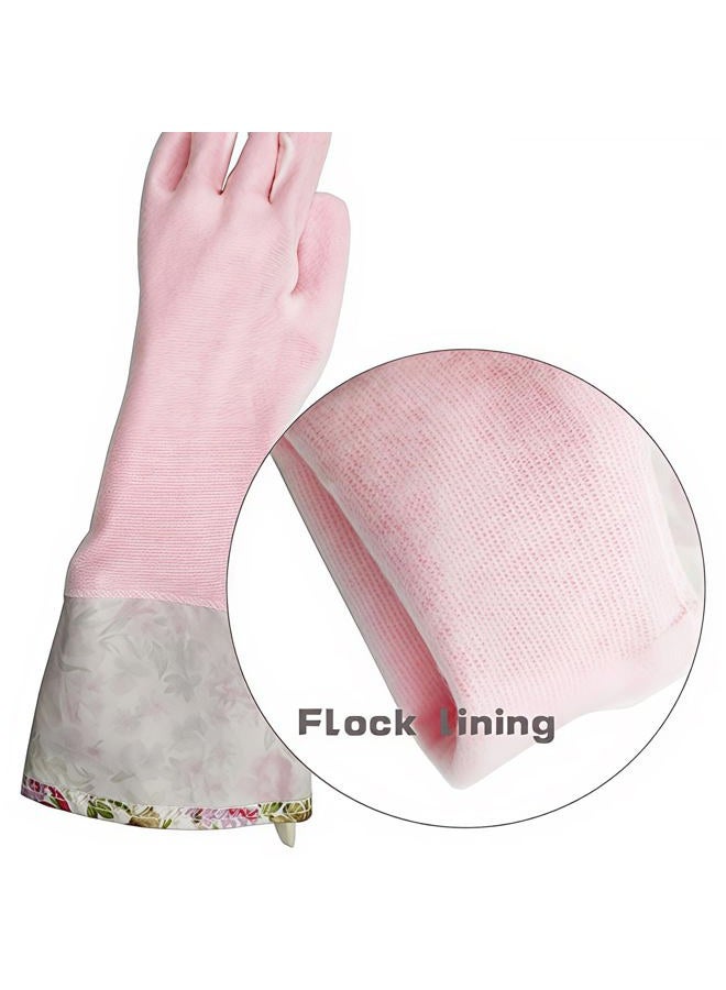 KINGFINGER Rubber Latex Waterproof Dishwashing Gloves,2 Pair Medium Long Cuff Flock Lining Household Cleaning Gloves - Image 2