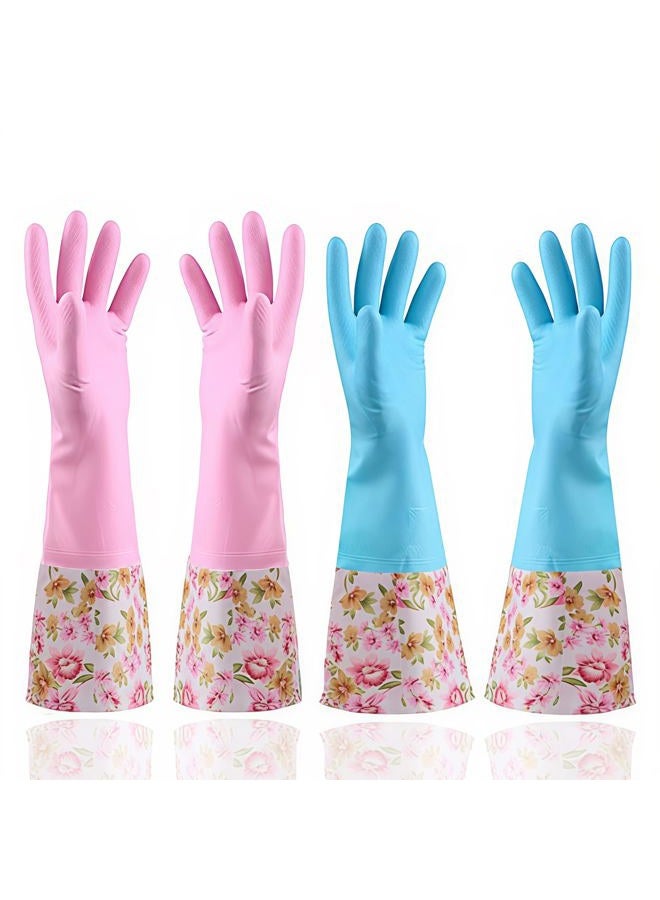 KINGFINGER Rubber Latex Waterproof Dishwashing Gloves,2 Pair Medium Long Cuff Flock Lining Household Cleaning Gloves - Image 1
