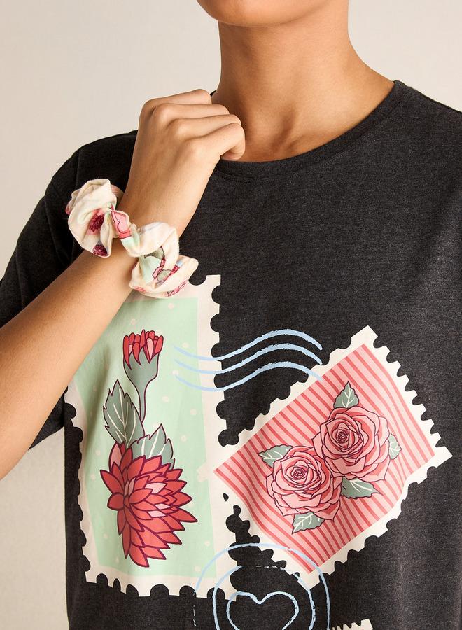 سبلاش فيڤ طقم قطعتين - قميص نوم مطبوع بياقة دائرية وأكمام قصيرة - Image 3