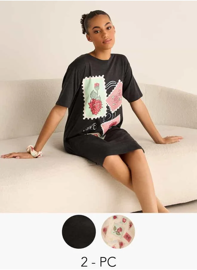 فاف Set of 2 - Printed Sleepshirt with Round Neck and Short Sleeves