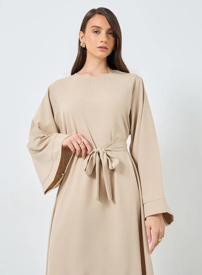 تايك تو Take Two Solid Long Sleeve Belted Abaya