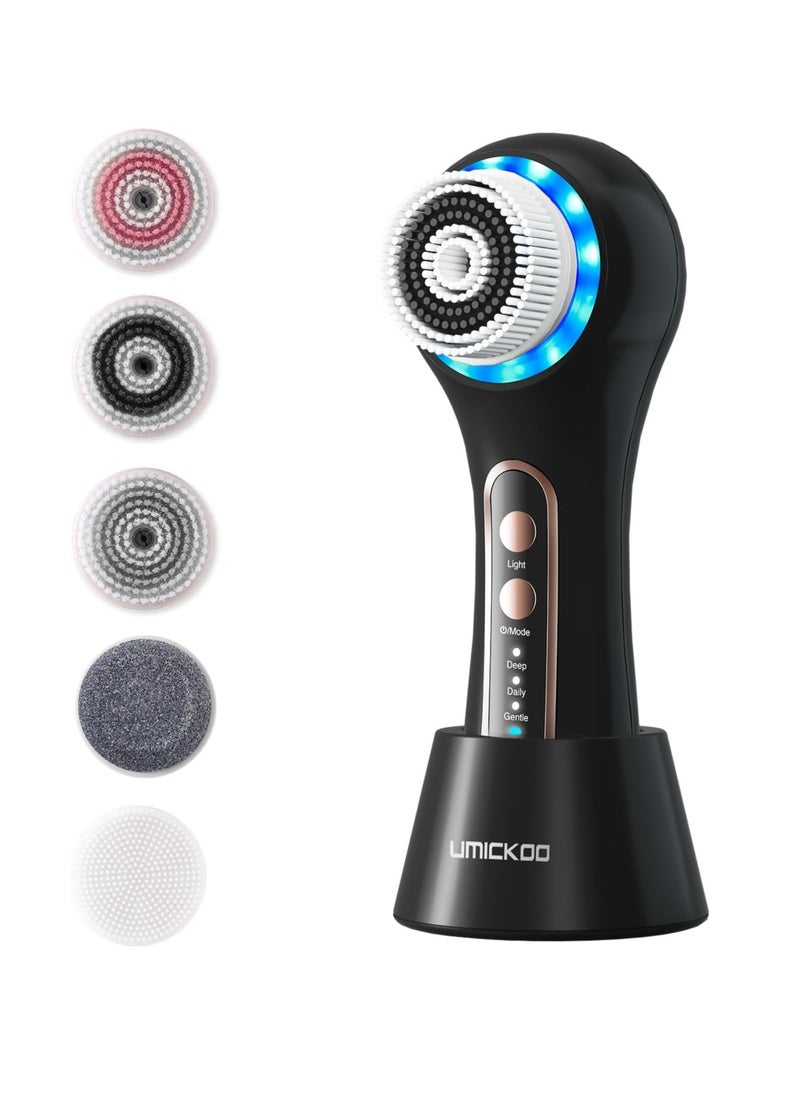 UMICKOO Face Scrubber Exfoliator,Facial Cleansing Brush Rechargeable IPX7 Waterproof with 5 Brush Heads,Electric Face Spin Brush for Exfoliating, Massaging and Deep Cleansing (Black+Gold)  - Image 1