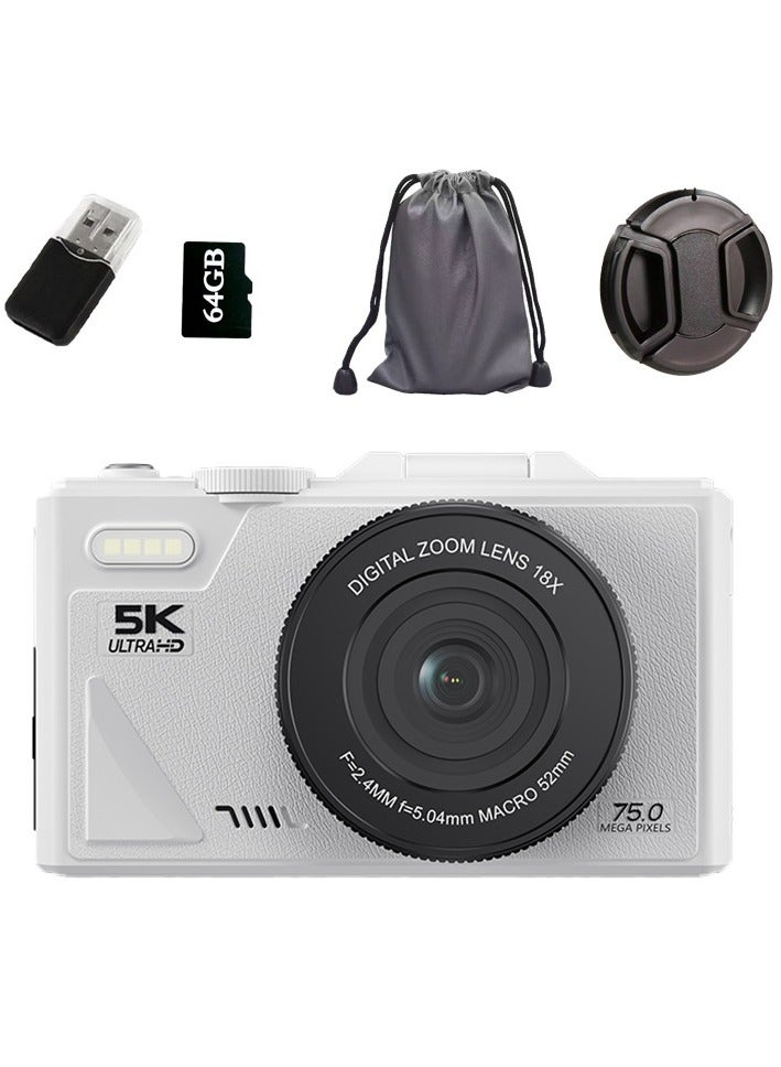 OasisLink 5K Digital Camera – 64MP, 18X Zoom, Flip Screen, with 64G Card (White) 